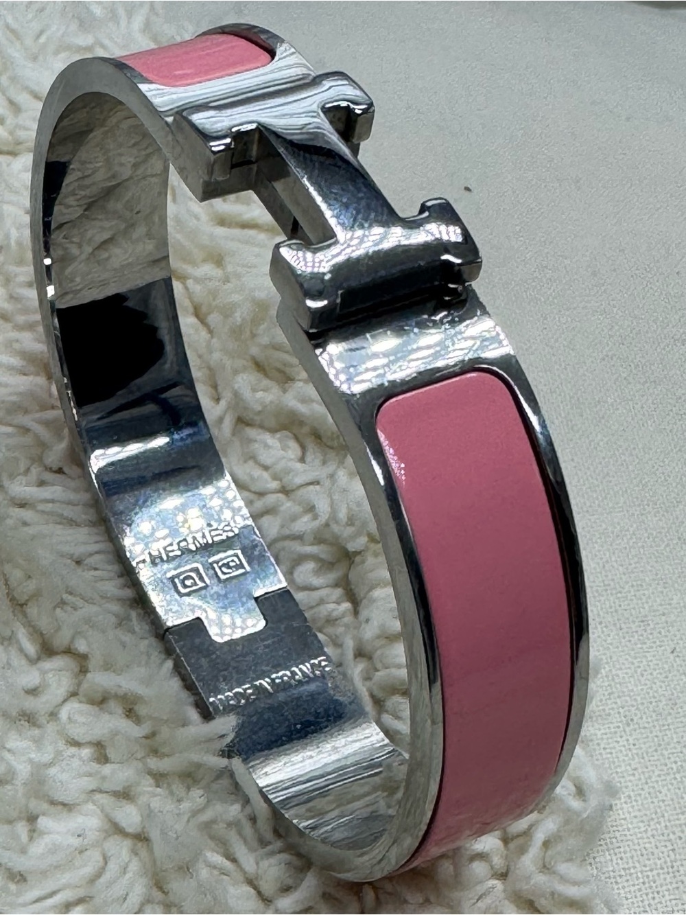 Silver Steel Pink Inlay Hinged Bangle Bracelet